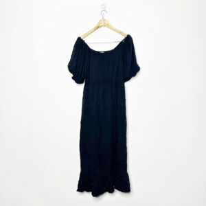 SILK & SALT Puff Sleeve Midi Dress black viscose sundress women's s SMALL